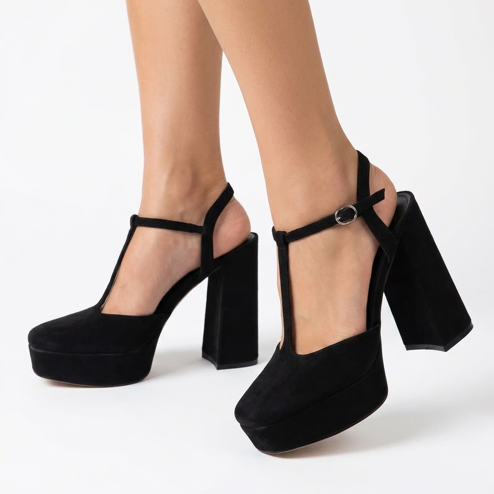 New York & Company Malayah Black Faux Suede Platform Block Heels Size 9